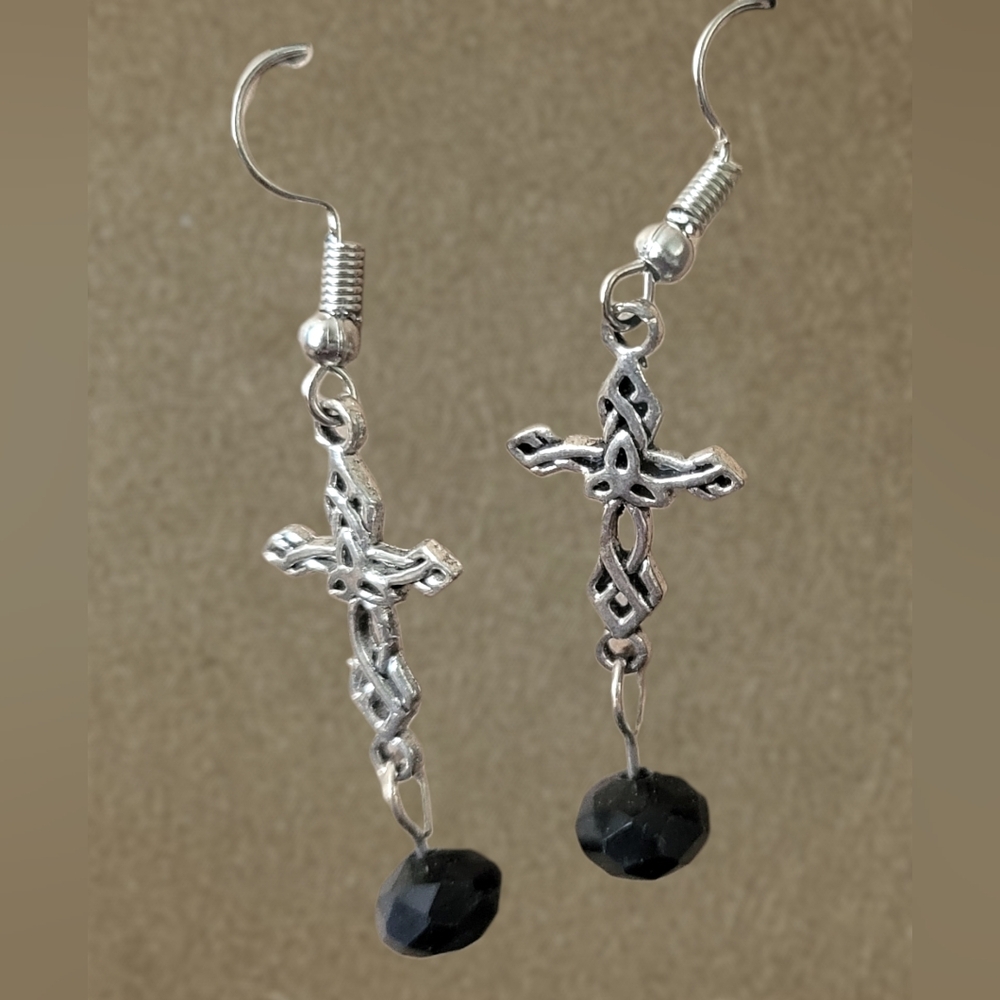 Elegant Silver Cross Earrings with Black Bead Accents